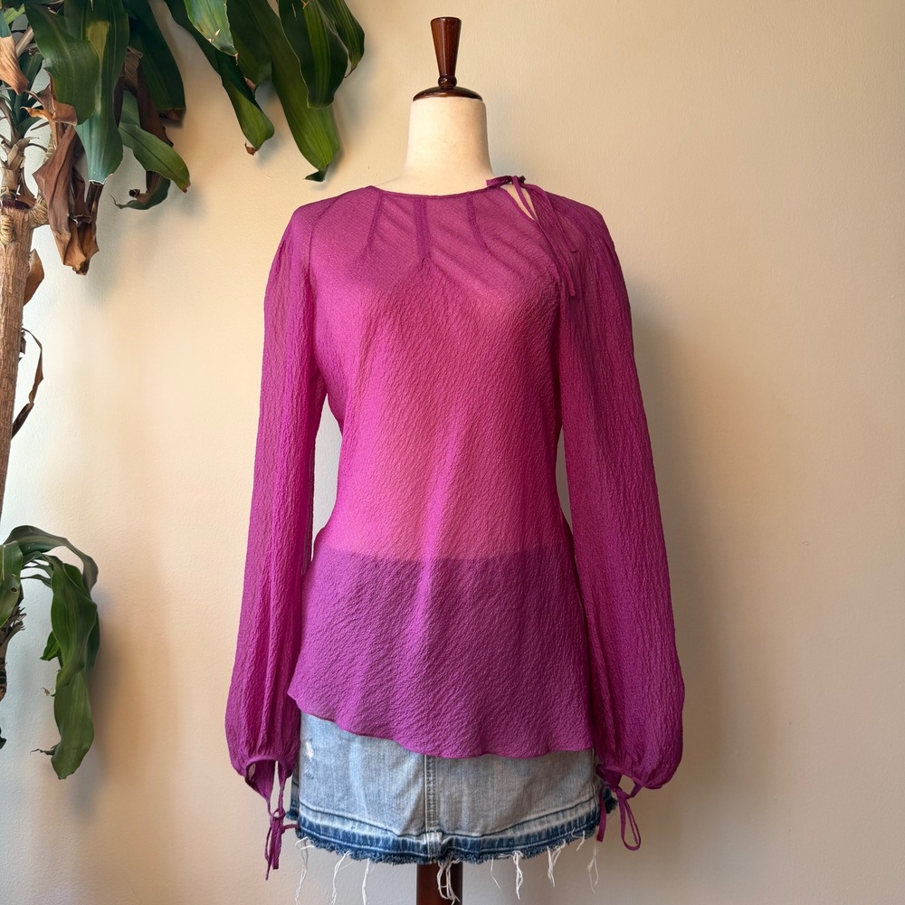 1970s Hermes Paris Magenta Silk Blouse Asymmetrical Tie Shoulder boho retro 44